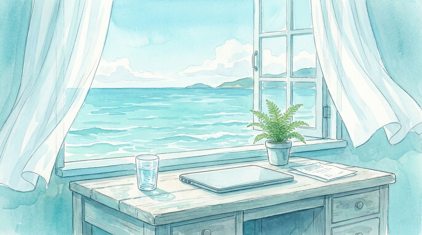 A breezy desk beside a large window overlooking a calm turquoise sea, an open laptop and a glass of water, in airy anime watercolor.