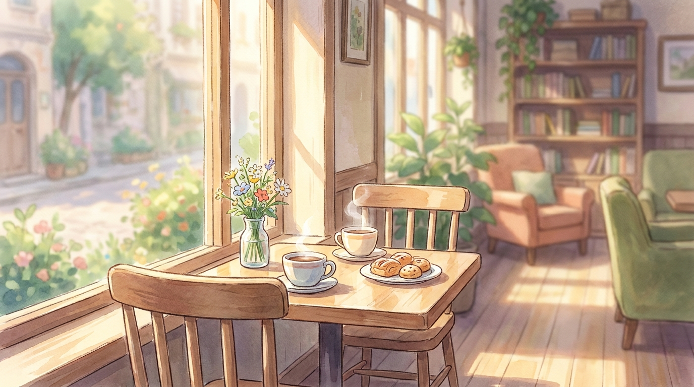 A cozy cafe table for two by a sunlit window with two cups of coffee, in warm anime watercolor.