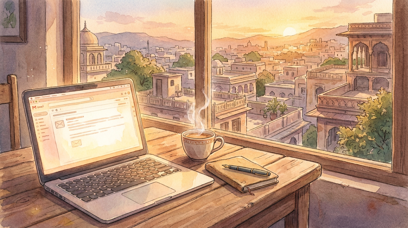 An open laptop showing an email on a desk at golden hour, Indian rooftops through the window, in anime watercolor.