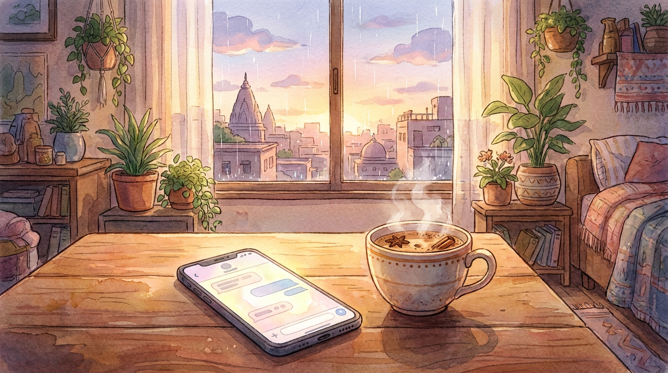 A smartphone glowing with a chat on a cozy desk beside a cup of chai, an Indian city skyline at dusk through the window, in anime watercolor.