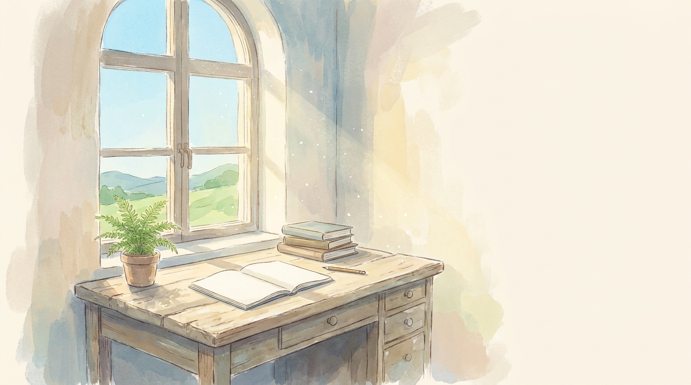 A cozy study nook with an open notebook and a stack of books on a sunny wooden desk by a window, in soft anime watercolor.