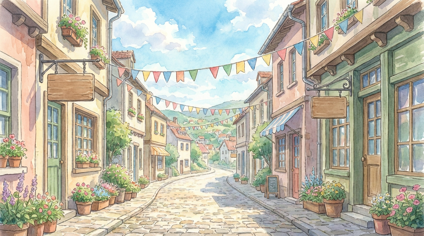 A charming sunny small-town street with hanging shop signboards and colorful bunting, in Ghibli-style anime watercolor.