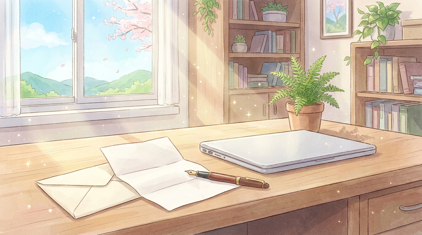 A tidy desk in bright morning light with a neat letter, envelope, and fountain pen beside a laptop, in anime watercolor.