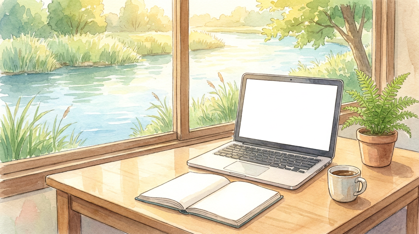 A tidy desk with an open laptop and a notebook in soft morning light, a calm river and reeds visible through the window, in anime watercolor.