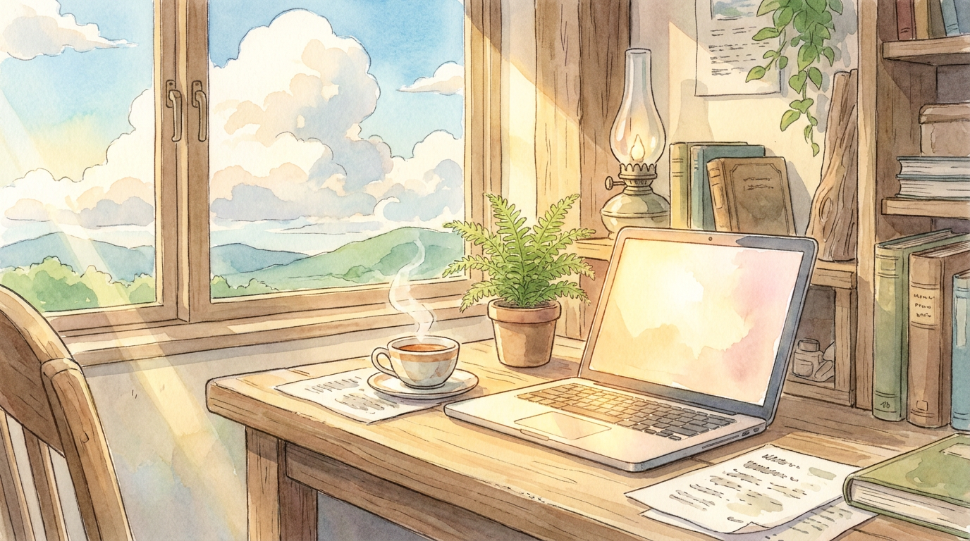 A cozy desk by a window at golden hour with an open laptop, a cup of tea, and a plant, in Ghibli-style anime watercolor.