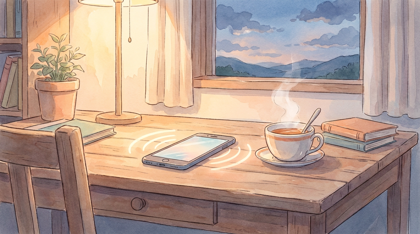 A smartphone on a cozy desk at evening lamp light with soft glowing sound-wave ripples rising from it, in anime watercolor.