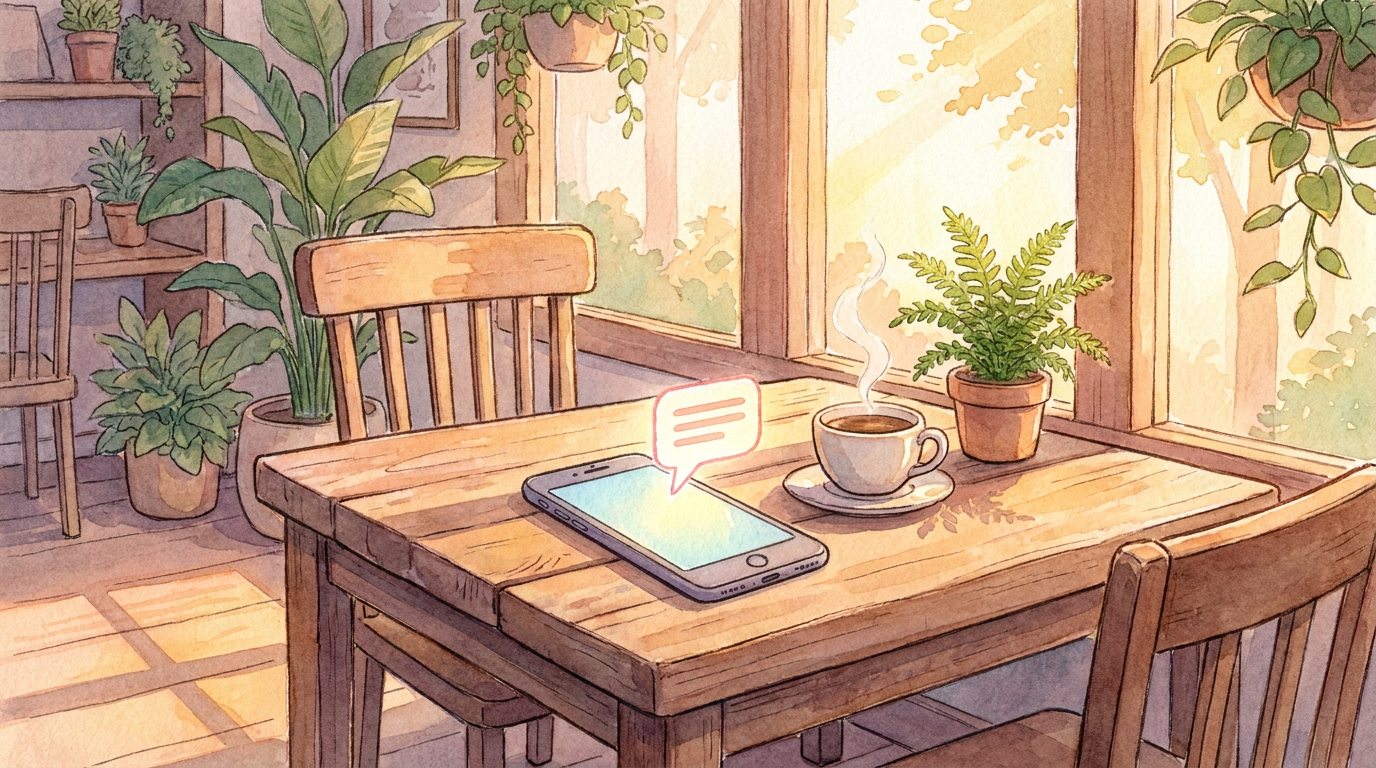 A smartphone glowing with a message bubble on a sunny cafe table beside a cup of coffee, in soft anime watercolor.