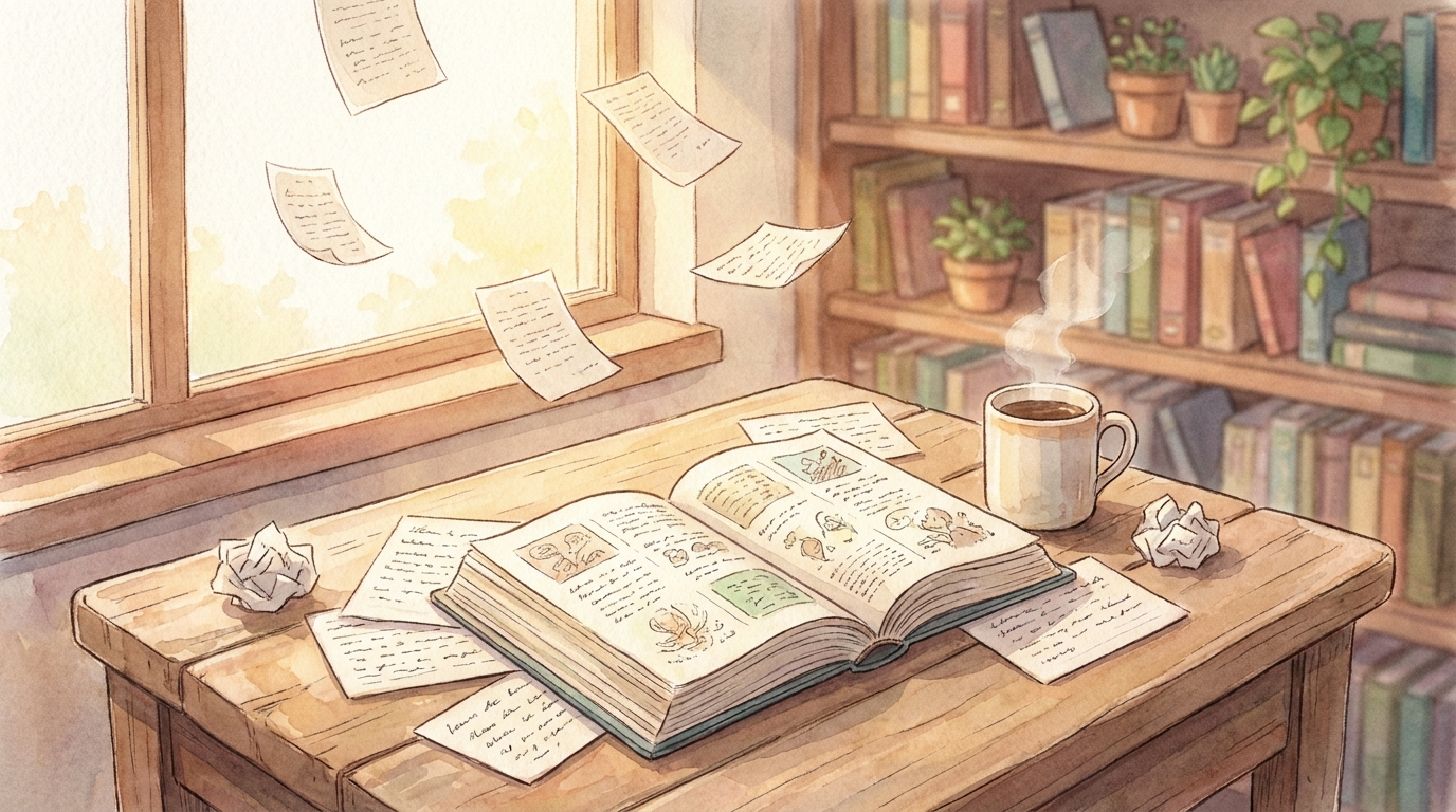 An open dictionary and handwritten index cards on a wooden table with a coffee cup, in warm anime watercolor light.