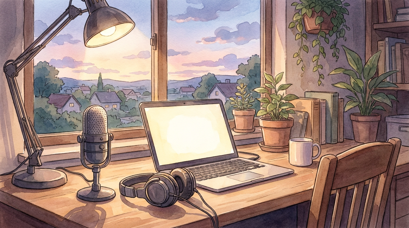 A desk with a microphone and headphones beside a laptop in soft evening lamp light, a quiet dusk sky through the window, in anime watercolor.