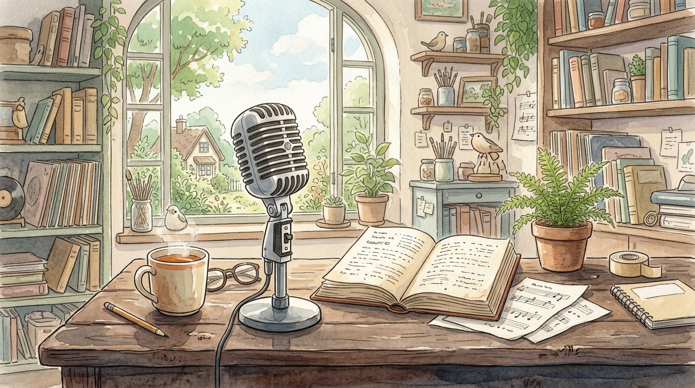 A vintage microphone on a wooden desk beside an open book and papers in soft window light, in anime watercolor.