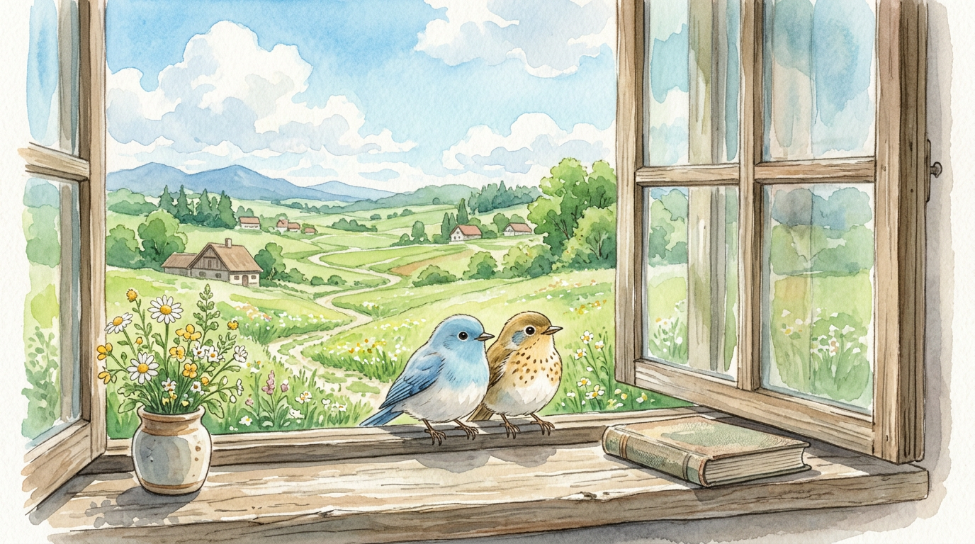 Two small songbirds perched close together on a windowsill against a bright blue anime sky and green meadow.