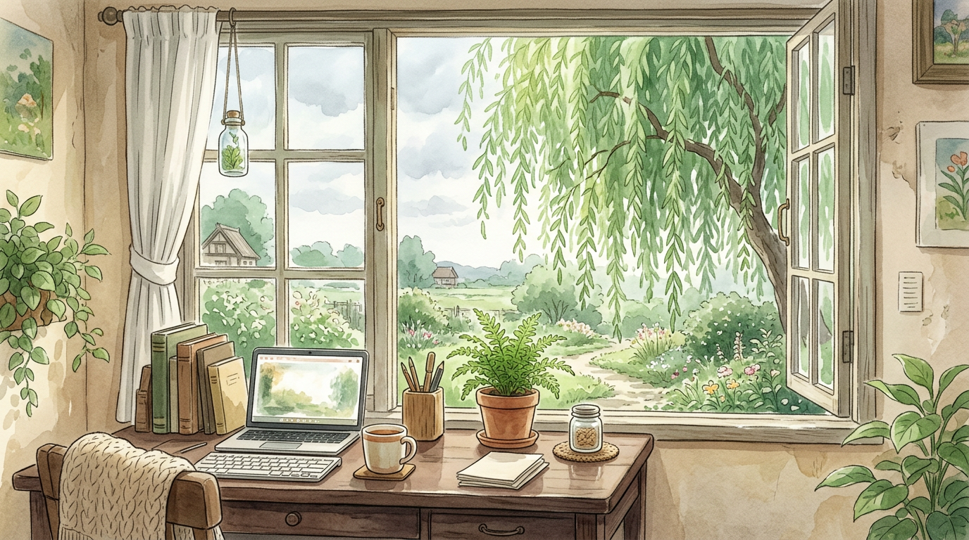 A cozy desk by a window with a graceful willow tree outside in dappled green light, an open laptop on the desk, in anime watercolor.