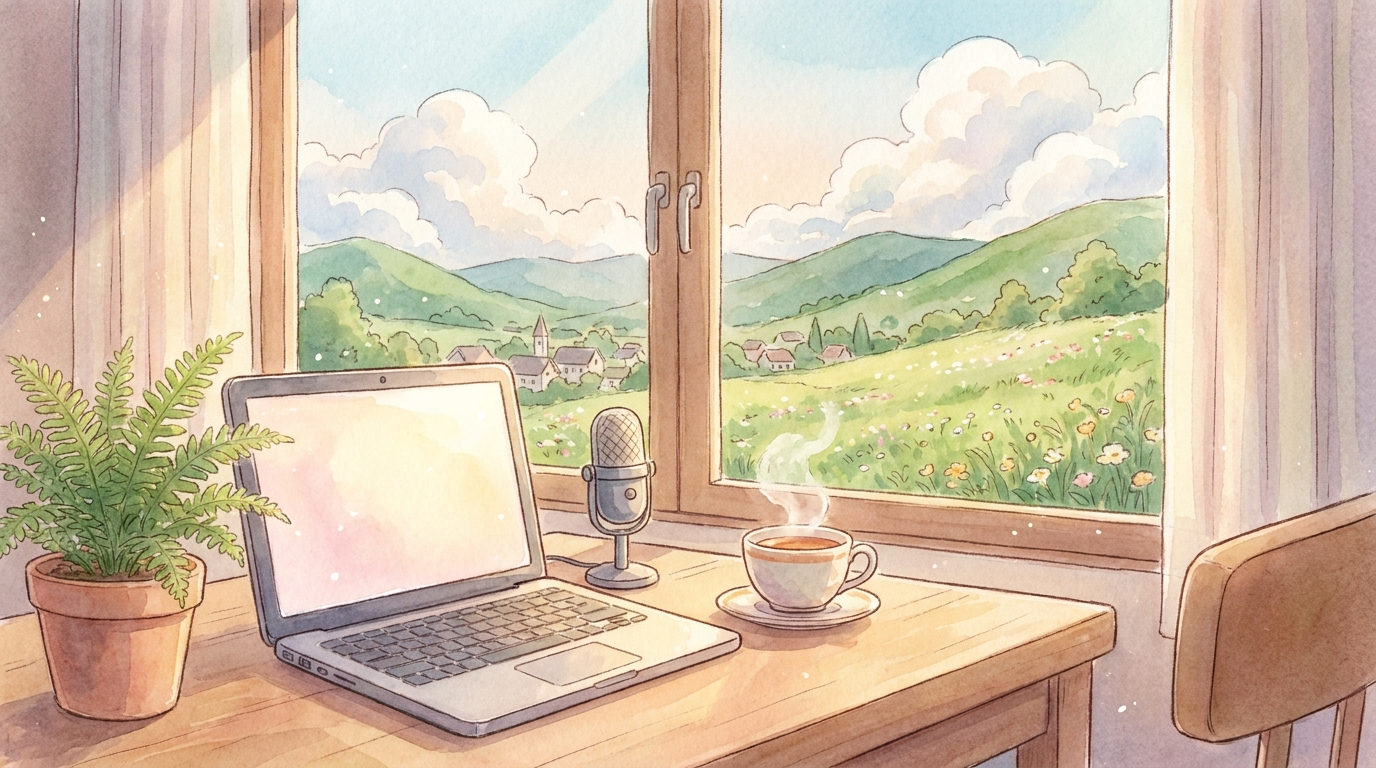 A cozy desk with an open laptop and a small microphone in warm afternoon light, green hills through the window, in anime watercolor.