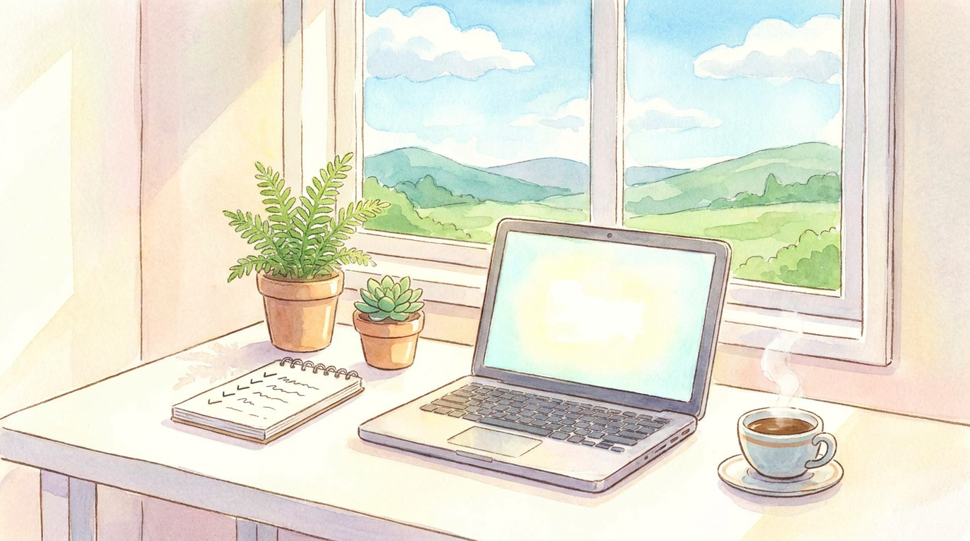 A sunny tidy desk with an open laptop, a checklist notepad, a coffee cup and small plants by a bright window, in anime watercolor.